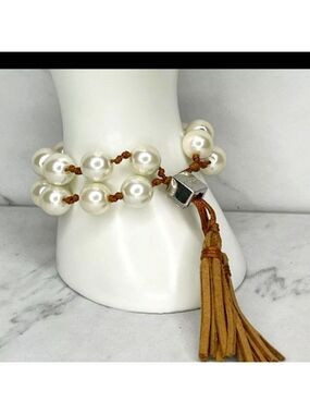 Chico's Faux Pearl Bracelet Adjustable Slide Brown Leather 10mm Glass Bead 7-9"